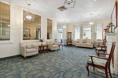 Bright common area with seating and decorative elements