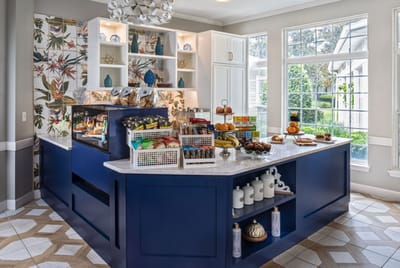 Bright interior coffee station with snacks and fruit