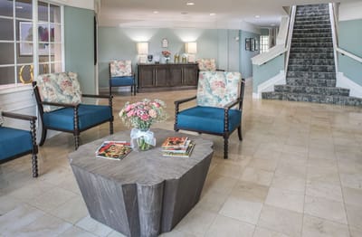 Bright interior of a common area with seating and decor