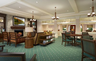 Interior common area with seating and fireplace