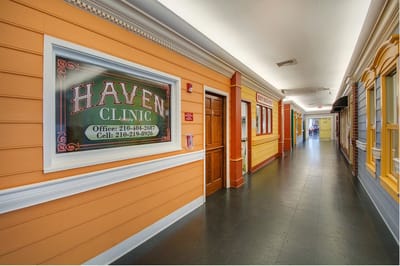 Interior hallway with signage for Haven Clinic