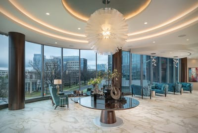 Bright and modern interior lounge area with large windows