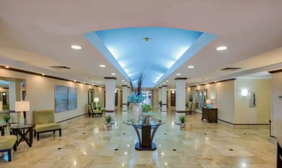 Bright and spacious lobby area with seating