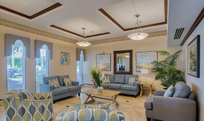 Interior view of a comfortable common area with seating
