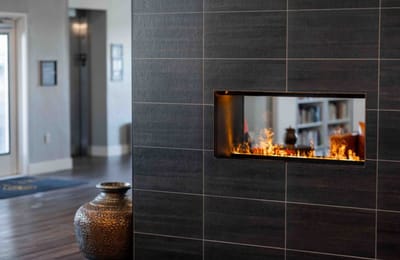 Modern fireplace in a community common area.