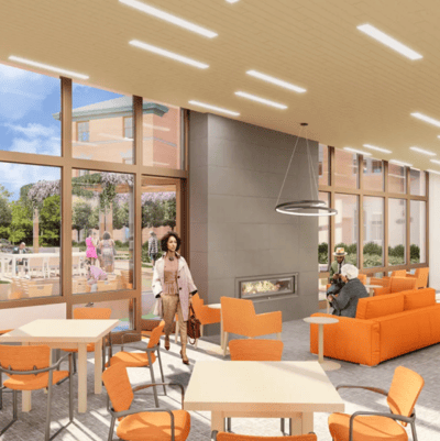Bright common area with residents and modern decor