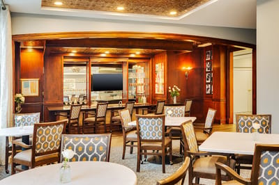 Cozy common area with seating and wooden decor