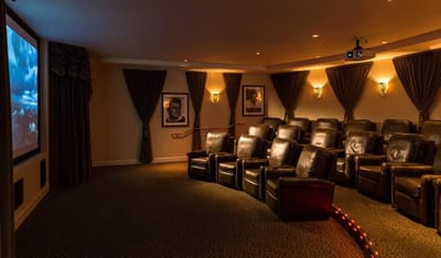 Interior view of a cozy movie theater with leather seats