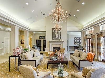 Bright and welcoming lounge area in a senior living facility