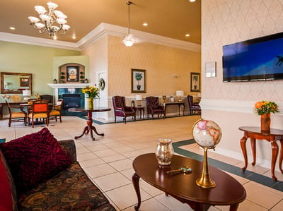 Interior view of a common area with seating and decor