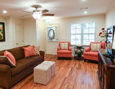 Bright living room with comfortable seating and decor