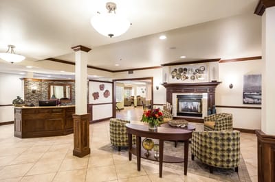Bright lobby area with seating and decor