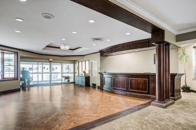 Bright common area with a reception desk
