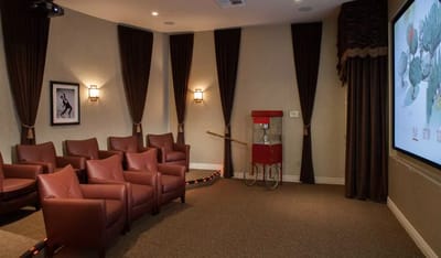 Cozy movie theater room with seating and projector