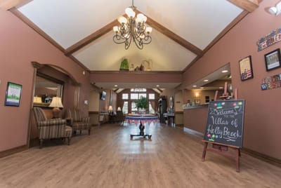 Bright lobby area with decorative welcome signage