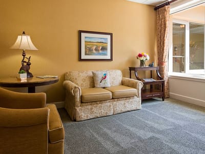 Cozy lounge area with seating and decorative items