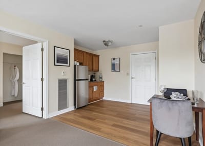 Interior view of a resident room with kitchenette