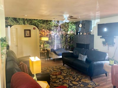 Comfortable common area with a nature mural