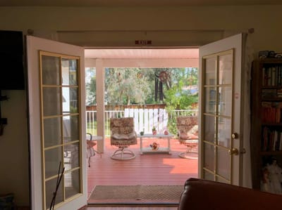 View from inside a facility looking out to a garden