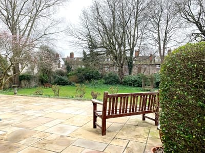 Scenic outdoor garden area with benches
