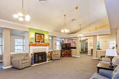 Common area with seating and decorations for the season