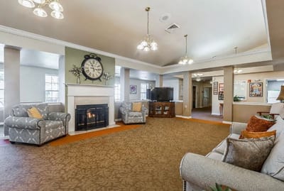 Cozy common area with seating and fireplace