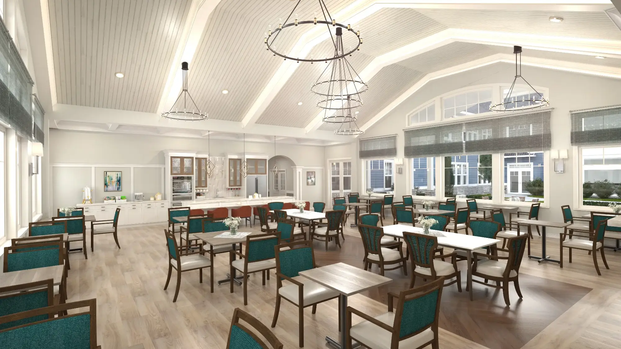 Bright and spacious dining room with tables and chairs
