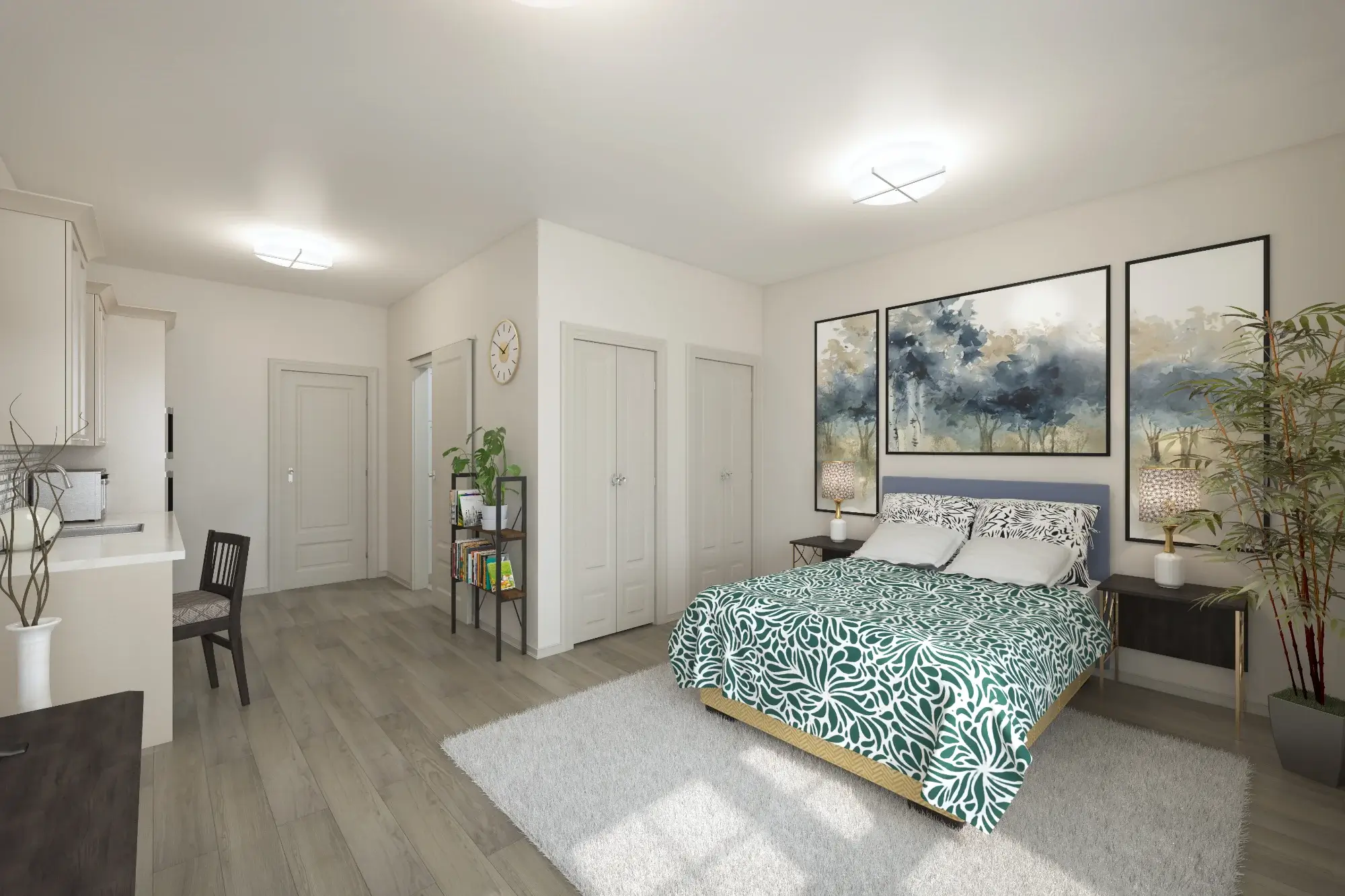Bright, model-style bedroom with decorative elements