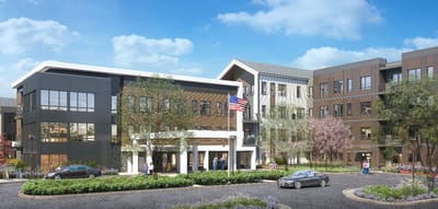Exterior view of Brightview Alexandria with residents and staff