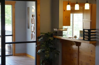 Interior lobby area with a reception desk