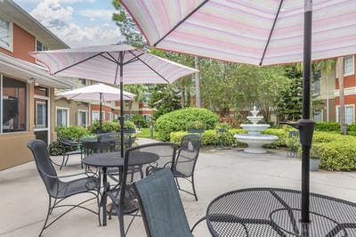 Patio area with umbrellas and seating