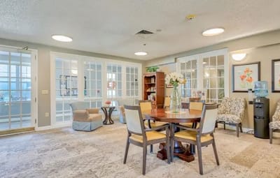 Bright common area with seating and decor