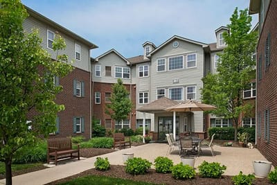 Exterior view of a senior living facility courtyard