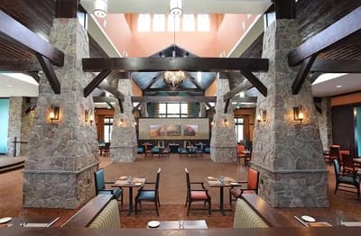 Bright interior common area with stone architecture