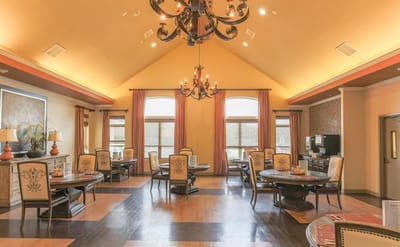 Bright dining area with elegant decor and tables