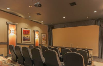 An interior view of a small theater room with seating
