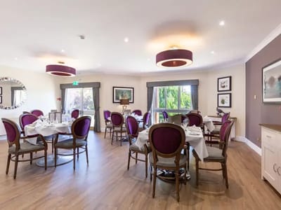 Elegant dining room with round tables and purple chairs