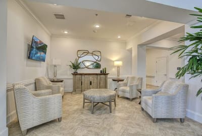 Bright lobby area with seating and decor