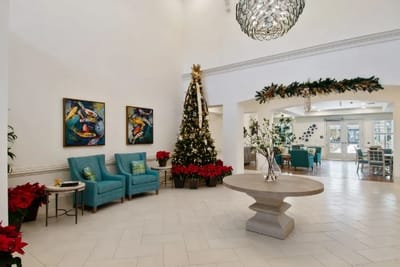 Bright common area with holiday decorations