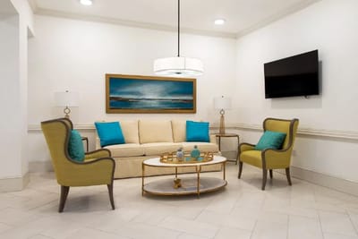 Bright and inviting common area with seating