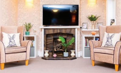 Cozy seating area with a fireplace and decorative plants