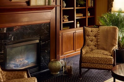 Cozy interior seating area with fireplace and bookshelves