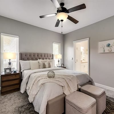 Stylish bedroom with modern decor and soft lighting