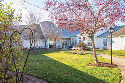 Beautiful outdoor space with picnic area and flowering trees