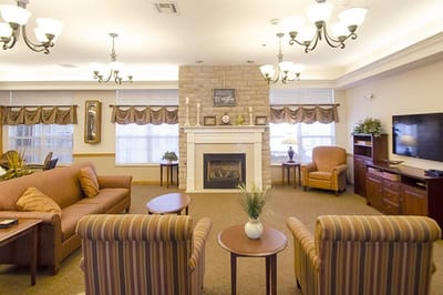 Cozy common area with seating and fireplace