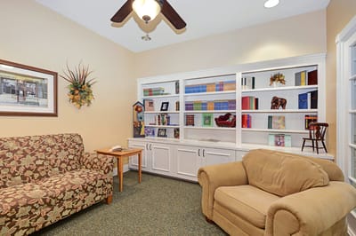 Cozy sitting area with bookshelves and seating