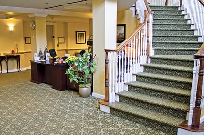 Interior view of the reception area with stairs