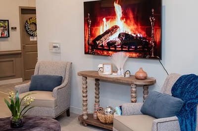 Cozy common area with fireplace and seating