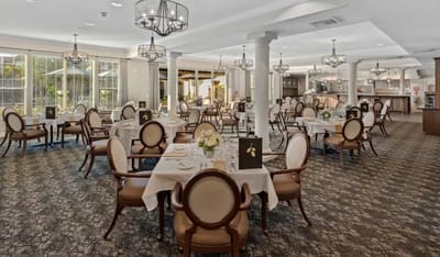 Elegant dining room with tables and chairs