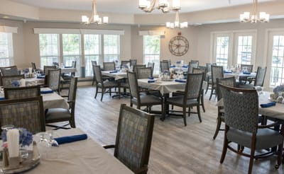 Bright dining room with neatly arranged tables
